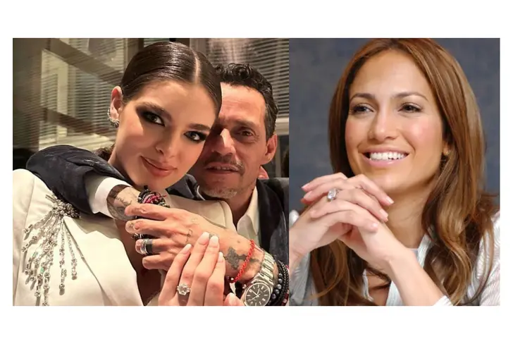 Nadia Ferreira, Marc Anthony y Jennifer López luciendo sus anillos de compromiso